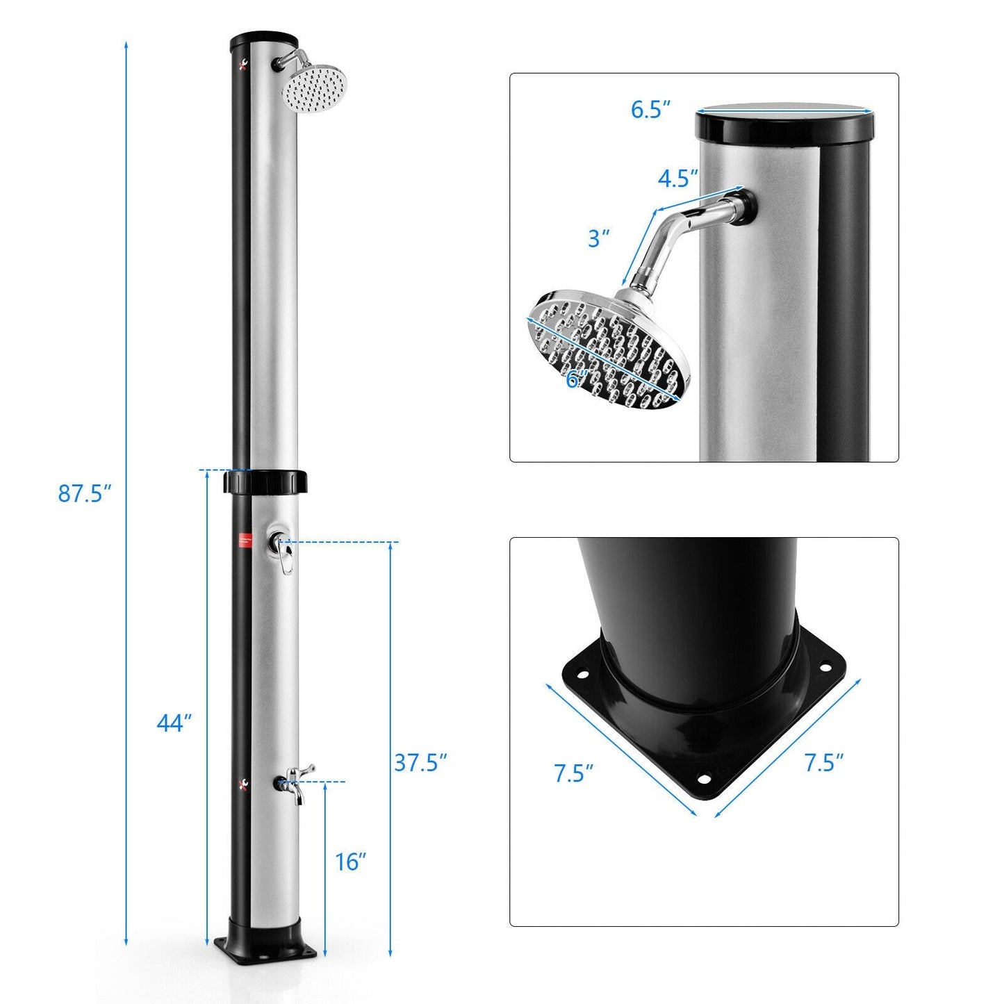 7.2 Feet Solar-Heated Outdoor Shower with Free-Rotating Shower Head-Silver