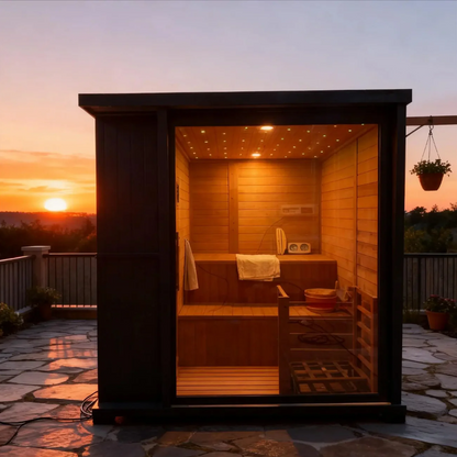 New Luxury High-End Black Square Outdoor Sauna – Modern Backyard Wellness Cabin