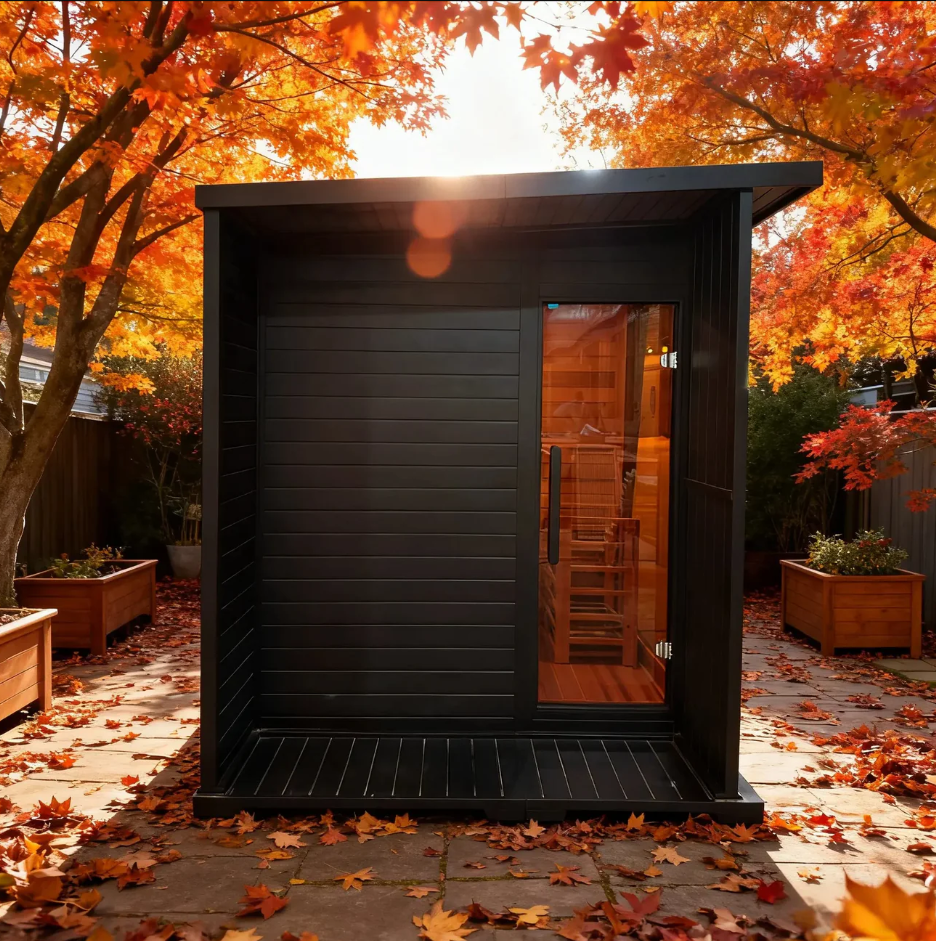 New Luxury High-End Black Square Outdoor Sauna – Modern Backyard Wellness Cabin